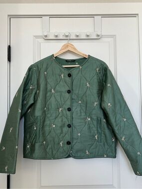 Embroidered Olive Green Quilted Button-Front Puffer Jacket